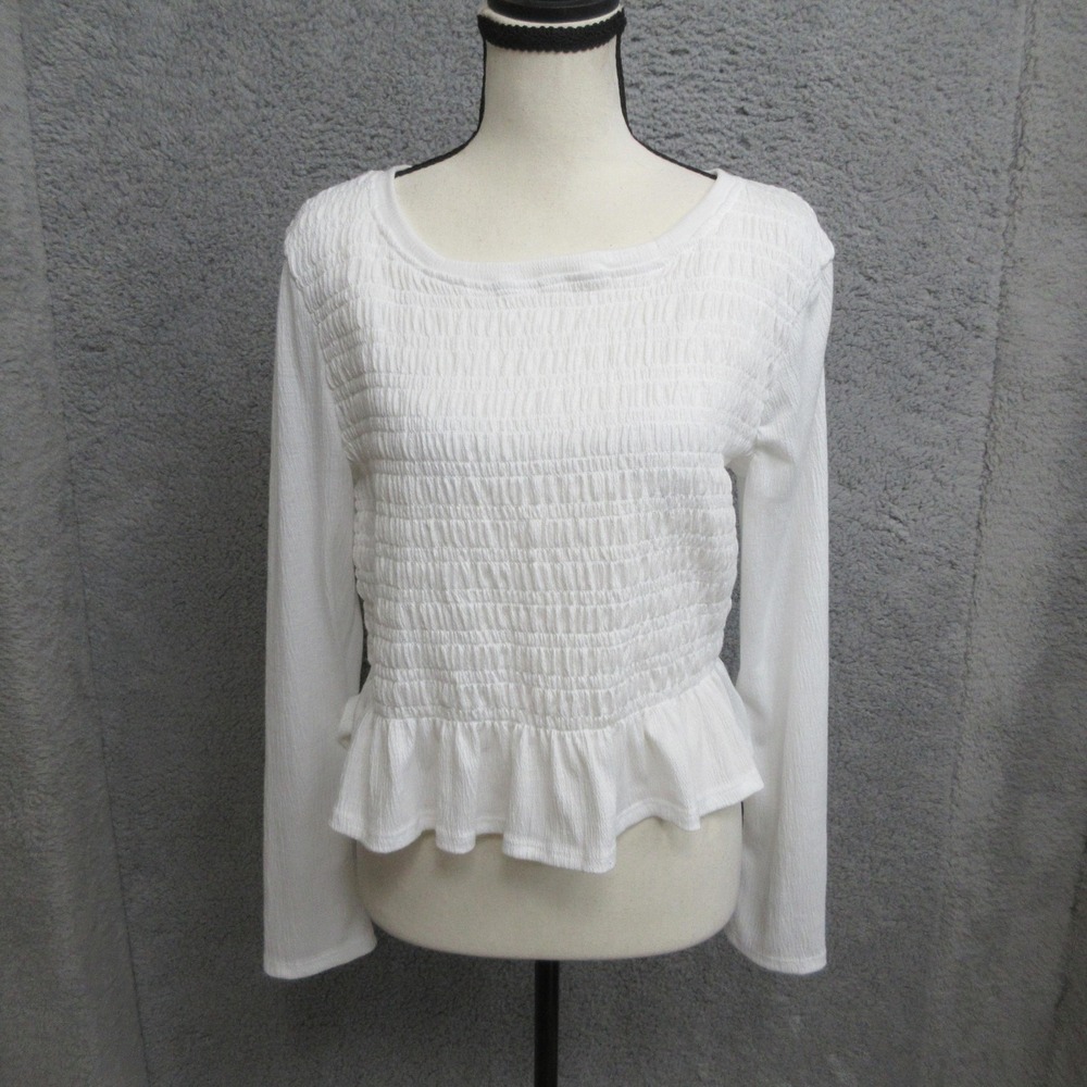 Smocked Peplum Shirt Women L White Long Sleeve Ruffle Hem Feminine Coquette Boho